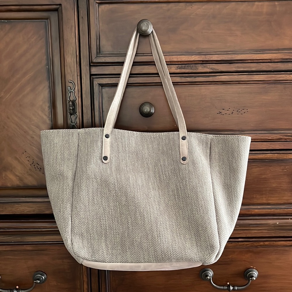 SAS gray taupe fabric and leather handbag tote NEW